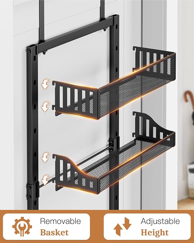 POKIPO 8-Tier Over the Door Pantry Organizer, Large Metal Door Spice Rack with Adjustable Basket, 2 in 1 Wall Mount or Hanging Heavy-Duty Pantry Door Storage Shelf for Kitchen and Bathroom, Black - Image 4