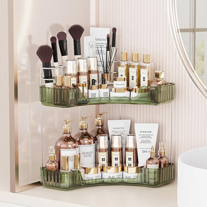 Asayuee 2-Tier Corner Bathroom Counter Organizer with Top Toothbrush Holders,Large Makeup Organizer Countertop with Brush Holder,Skincare Organizers Corner,Exquisite Vanity Organizer(Green, 2 Tier) by Asayuee