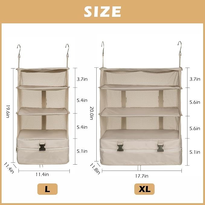 Surblue Hanging Closet Storage Bag Collapsible 3-Shelf Washable Oxford Fabric with 2 Hooks (L 11.41 * 11.41 * 19.68in, Beige) - Image 5