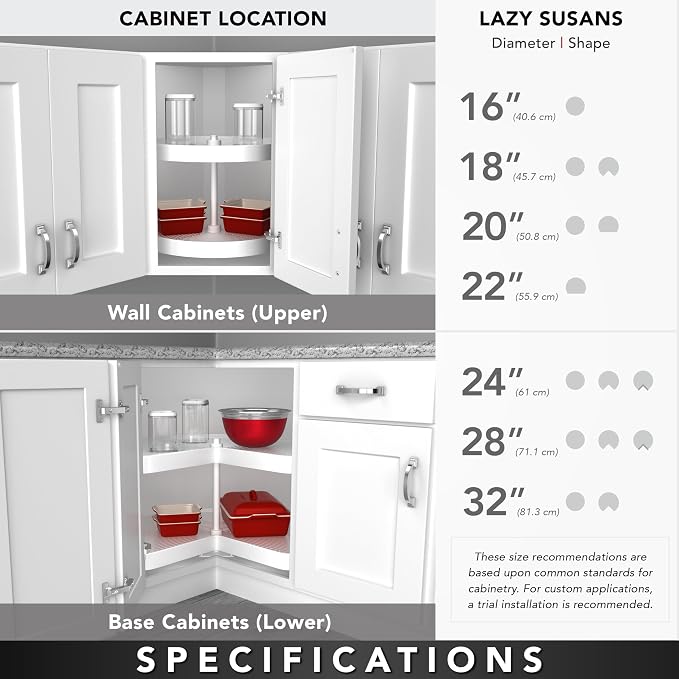 Rev-A-Shelf 18" Pie-Cut Dual Tier Lazy Susan Organizer for Corner Wall Kitchen Cabinets, Plastic Home Rotating Storage Shelves, White, 2942-18-11-1 - Image 7