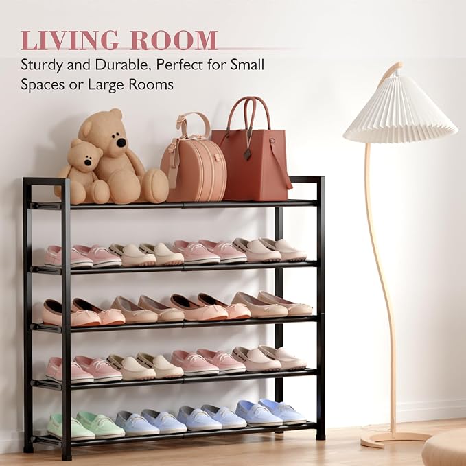 Bumusty 5 Tier Expandable Shoe Rack for Closet, Black | 18"-33" Adjustable Shoe Rack for Entryway, Small Shoe Organizer for Dorm, Front Door, Sturdy Metal - Image 4
