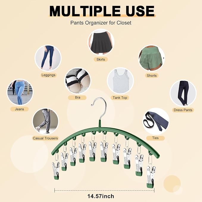 Legging Organizer for Closet, Metal Yoga Pants Hangers 2 Pack w/10 Clips Holds 20 Leggings, Space Saving Hanging Closet Organizer w/Rubber Coated Closet Organizers and Storage, Green - Image 5