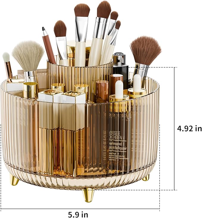 fanado 360° Rotate Makeup Brush Holder Organizer, Makeup Organizers Countertop, Makeup organization and Skincare Storage for Vanity, Desktop, Bathroom (Clear Amber) - Image 4