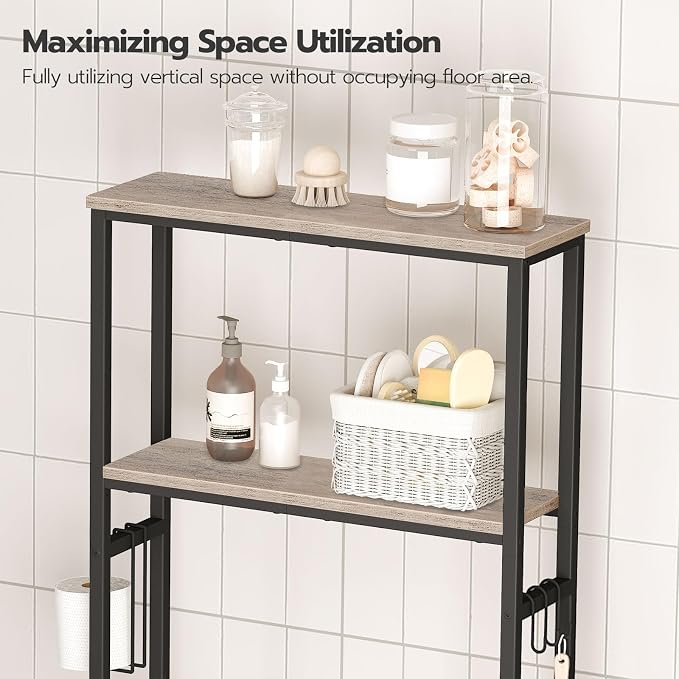 HOOBRO Over-The-Toilet Storage, 2-Tier Bathroom Organizer Over Toilet, Bathroom Shelves with Toilet Paper Holder and Hooks, Freestanding Storage Shelf, Space Saver, Greige and Black BG49TS01 - Image 5