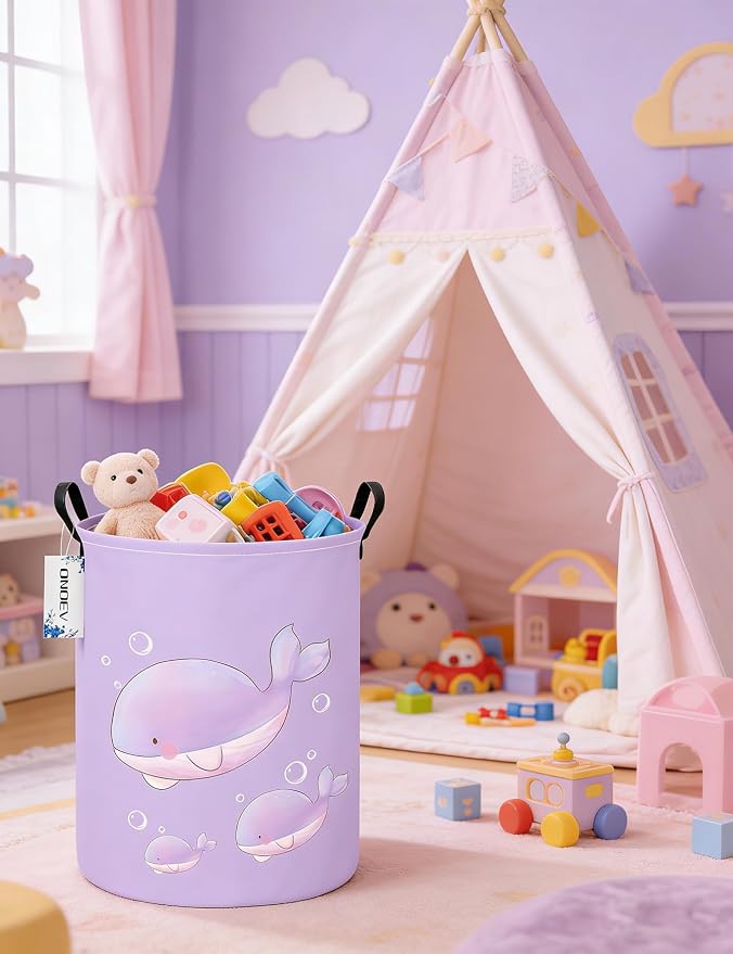 Round Purple Whale Laundry Hamper, Storage Basket for Adults and Kids - Image 4