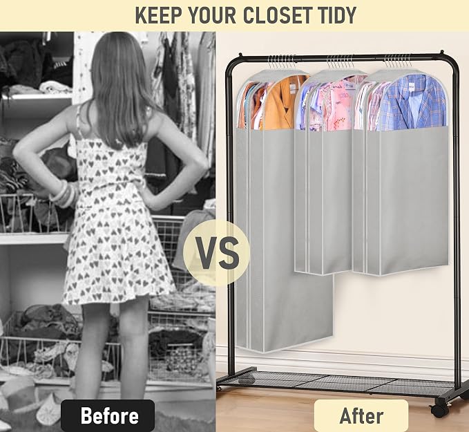 MISSLO 10" Gusseted Garment Bags for Hanging Clothes 40"+60" Clear Suit Bags for Closet Storage Dress Bag for Gowns Long Coat Protector, 3 Packs, Grey - Image 7