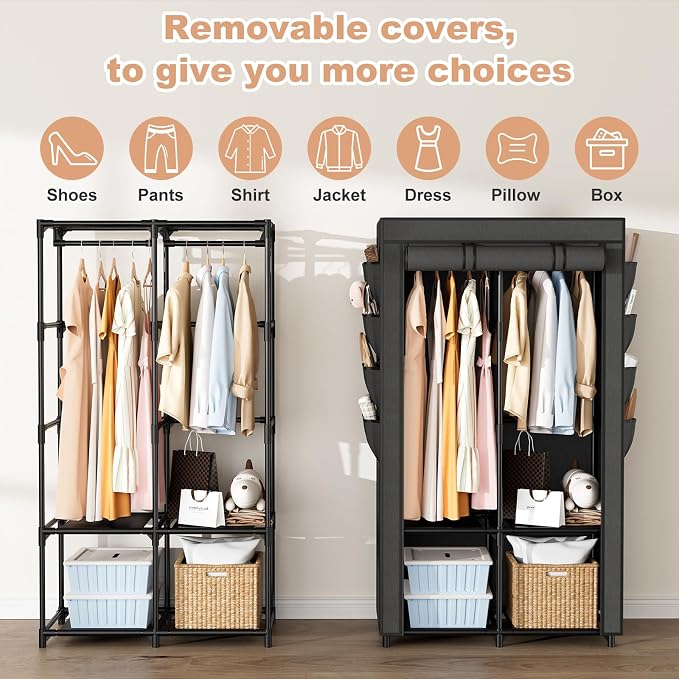 Portable Closet for Hanging Clothes, Portable Wardrobe Closet with Cover, 4 Storage Shelves, 2 Hanging Rods and 8 Side Pockets, Easy Assembly and Sturdy Free Standing Closet for Bedroom, Black - Image 7