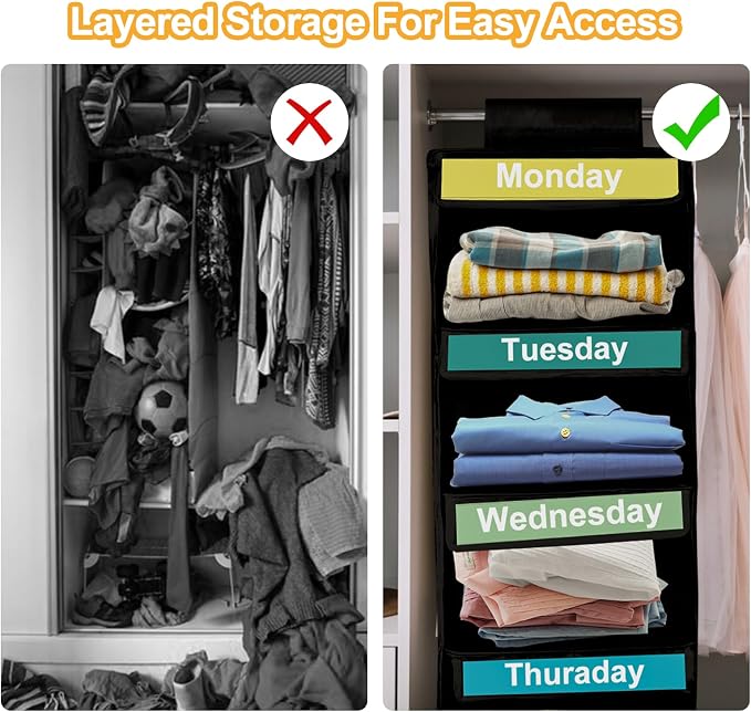 Weekly Clothes Organizer for Kids, Days of The Week Clothes Organizer with 6 Side Pockets, 5-Shelf Hanging Closet Organizer with Monday Through Friday Labels, Weekly Clothing Prepare & Divider - Image 7