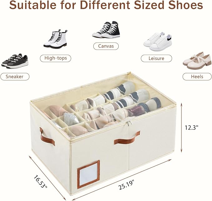 INSTY 1 Pack Shoe Organizer for Closet, Shoe Storage Organizer, Adjustable Dividers for Shoe Storage, Fabric Shoe Storage Bins with Clear Cover, Beige - Image 2