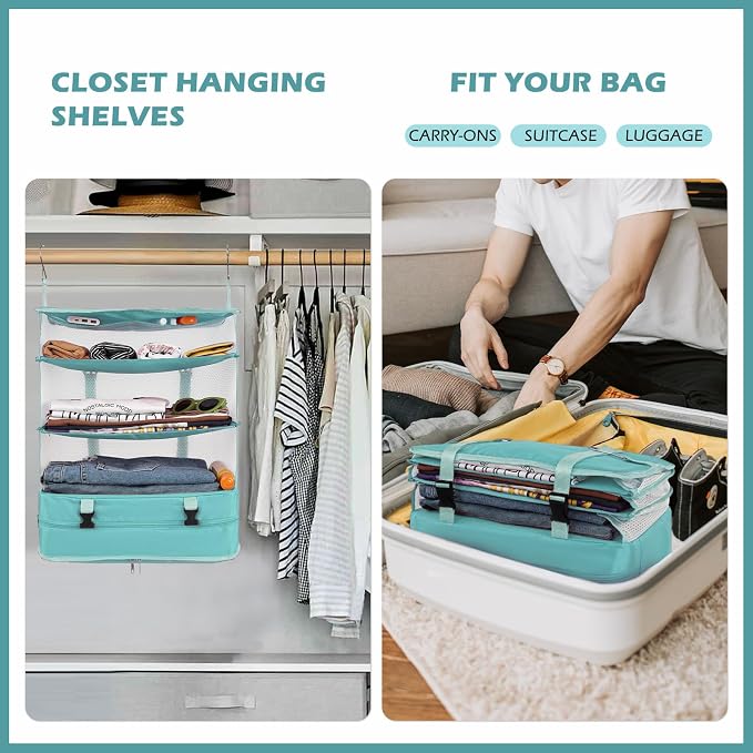 Surblue Hanging Closet Storage Bag Collapsible 3-Shelf Washable Oxford Fabric with 2 Hooks (XL 17.71 * 11.81 * 20in,Aqua Blue) - Image 3