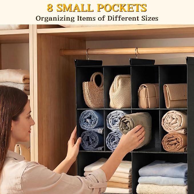 3 Tier Hanging Closet Organizer, 10 Compartments Dual Row Storage, Black | Closet Organizers and Storage with Large & Small Pockets, 3 Sturdy Hooks Support Heavy Loads, for Dorm, RV, Garment Rack - Image 5
