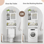 SUPER DEAL Over The Toilet Bathroom Storage Cabinet Freestanding Wooden Bathroom Organizer with Adjustable Shelves and Glass Door, White - Image 5