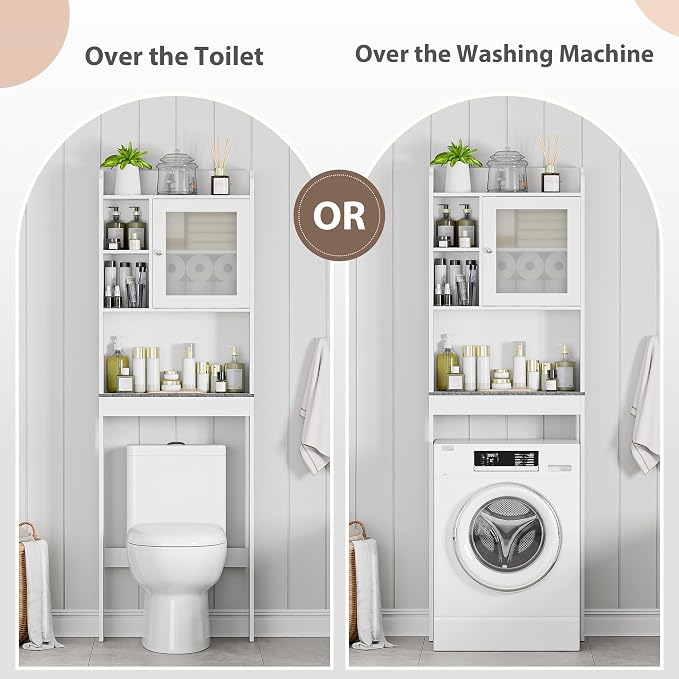 SUPER DEAL Over The Toilet Bathroom Storage Cabinet Freestanding Wooden Bathroom Organizer with Adjustable Shelves and Glass Door, White - Image 5