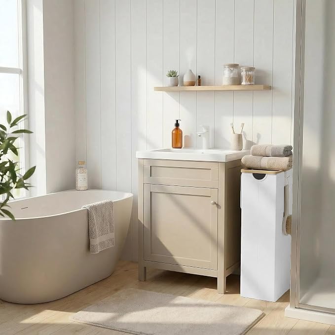 efluky Slim Laundry Basket with Lid, Narrow Laundry Hamper with Removable Bag, Skinny Dirty Clothes Basket with Bamboo Handles for Bathroom, Bedroom & Laundry Room, 75L White - Image 2