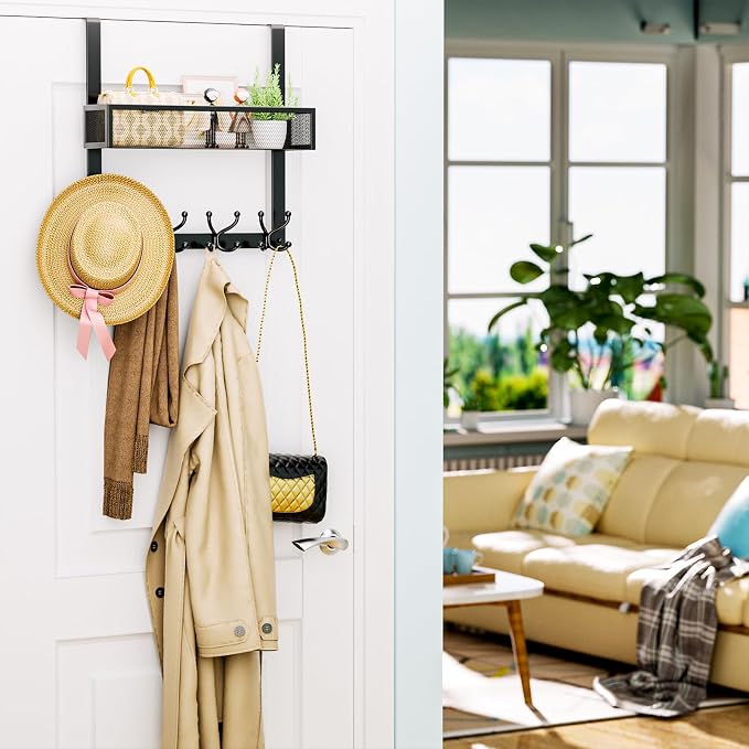Consumest Over The Door Hooks Organizer - 2 Tier Over Door Hanger with 16 Hooks & 2 Baskets for Hanging Coat, Clothing, Towel, Back Storage for Bathroom, Closet, College Dorm, Black - Image 2