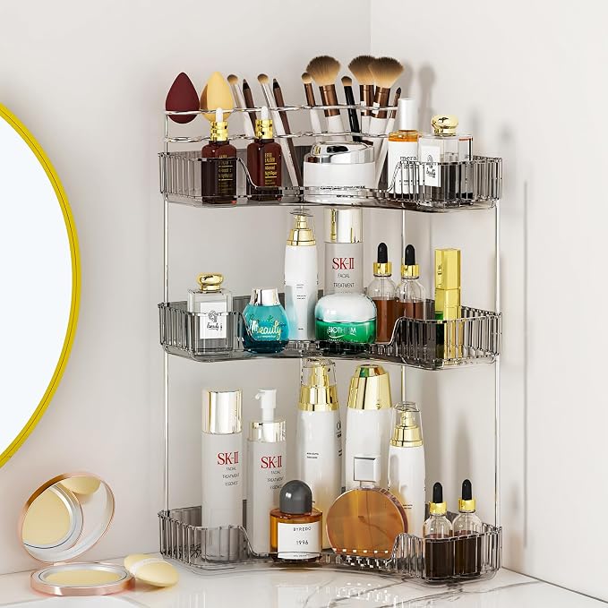 SUNZOS Modern 3-Tier Bathroom Organizer, Corner Makeup Storage with Brush Holder, Acrylic Vanity Organizer, Large Capacity Countertop Organizer for Kitchen, Dresser, Gray by SUNZOS