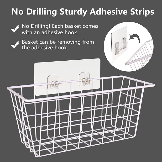 MaraFansie Wall Wire Baskets Adhesive Basket Hanging Kitchen Baskets No Drilling for Cabinet & Pantry Organization and Kitchen, Bathroom, Bedroom Storage, 4 Pack, White - Image 3