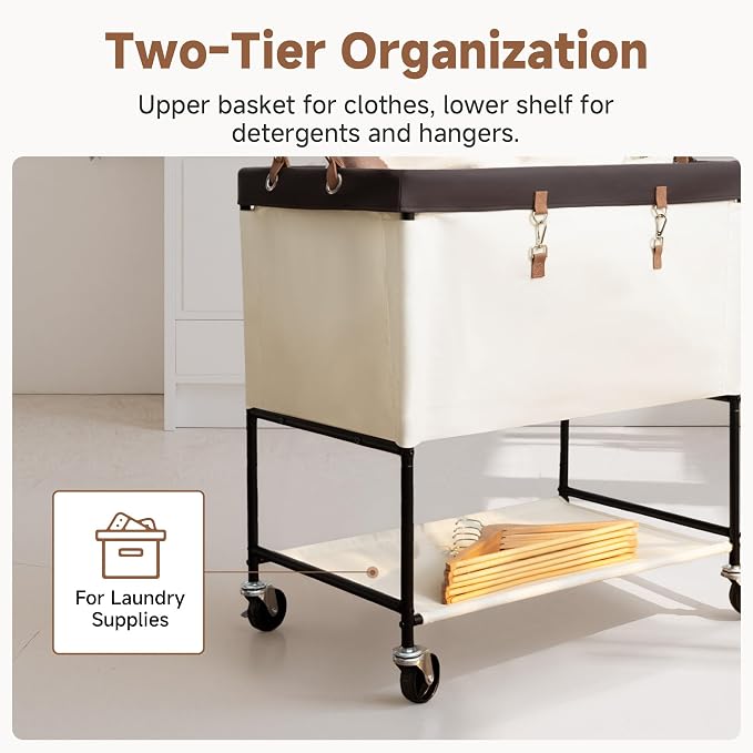 StorageWorks Laundry Cart, 2 Tier Rolling Basket with Wheels, 46 Gal, Beige - Image 5