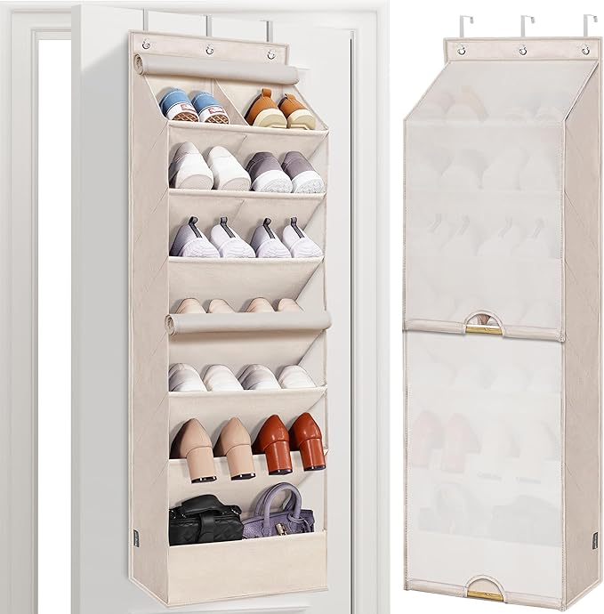 STORAGE MANIAC Over the Door Shoe Organizer with Curtain Dustproof Heavy-Duty Large Deep Pocket Hanging Shoe Organizer for Closet Dorm & Narrow Door Storage Shoe Holder Shoe Rack, 7-Shelf Beige 1 Pack by STORAGEMANIAC