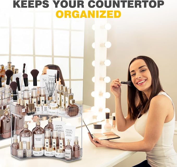 Asayuee 2-Tier Corner Bathroom Counter Organizer with Top Toothbrush Holders,Large Makeup Organizer Countertop with Brush Holder,Skincare Organizers Corner,Exquisite Vanity Organizer(Clear, 2 Tier) - Image 8
