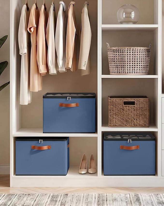 2 Pack Foldable Shoe Storage Bin Clear Lid Organizer for Entryway,Navy Blue - Image 7