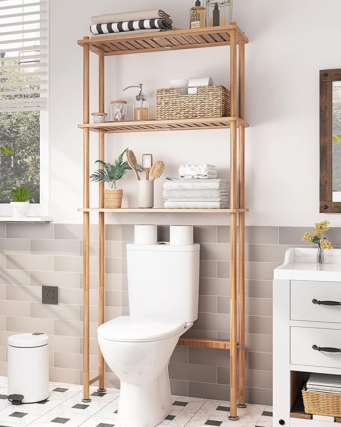 AmazerBath Bamboo Over The Toilet Storage Shelf, 3-Tier Bathroom Over Toilet Organizer Rack, Freestanding Above Toilet Shelf for Bathroom, Laundry, Space Saver, Natural Color by AmazerBath