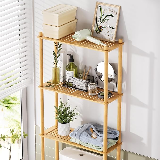 AmazerBath Bamboo Over The Toilet Storage Shelf, 3-Tier Bathroom Over Toilet Organizer Rack, Freestanding Above Toilet Shelf for Bathroom, Laundry, Space Saver, Natural Color - Image 3