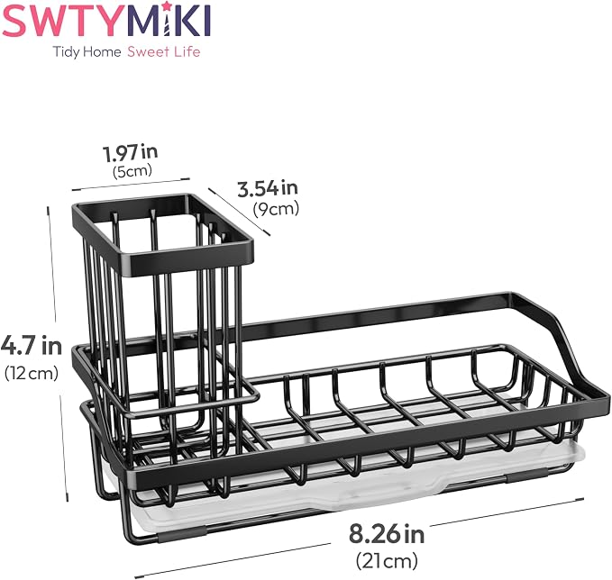 SWTYMIKI Sink Caddy Sponge Holder - Kitchen Sink Organizer with High Brush Holder for Countertop to Hold Dish Soaps and Sponges, Stainless Steel, Black (Pack of 2) - Image 6