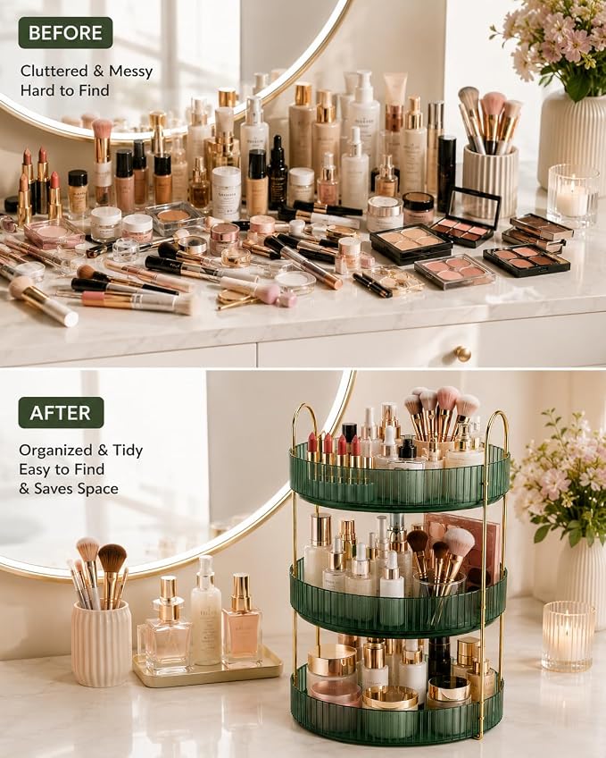 360° Rotating Organizer, Lazy Susan Bathroom Counter Organizer for Perfume, Skincare, Makeup & Cosmetic Storage, Vanity Countertop Organizer, Green, 3-Tier - Image 7