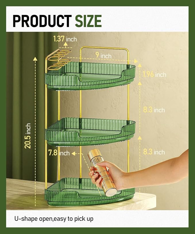 EUHOME 3-Tier Corner Bathroom Counter Organizer Makeup Cosmetic Storage, Tool-Free Installation Acrylic Vanity Shelf, Skin Care Organizer Perfume Tray for Countertop Bathroom, Dresser, Kitchen (Green) - Image 3