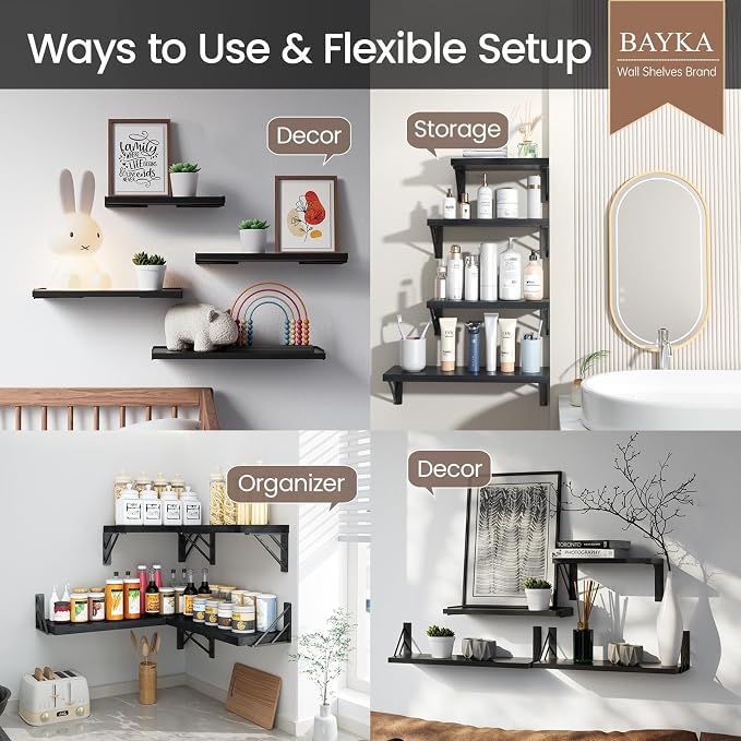 BAYKA Wall Mounted Floating Bathroom Shelves, Wood, Black, Set of 3, 16in - Image 3
