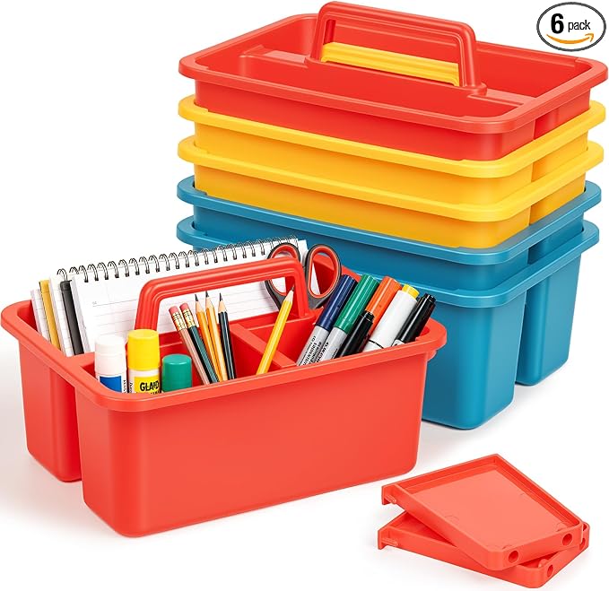6 Pack Classroom Caddy, Plastic Caddies with Handle & Removable Dividers by Freshmage