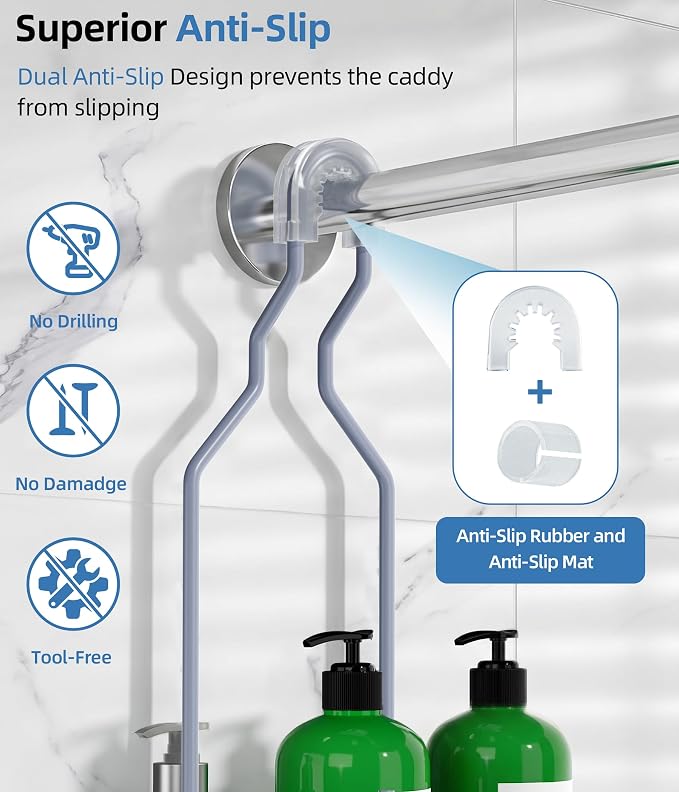 Adjustable Shower Caddy Hanging, Extended Length Organizer Over Shower Head, 3 Tier Long Neck Shower Rack with Soap Holder for Large Storage, Grey - Image 4