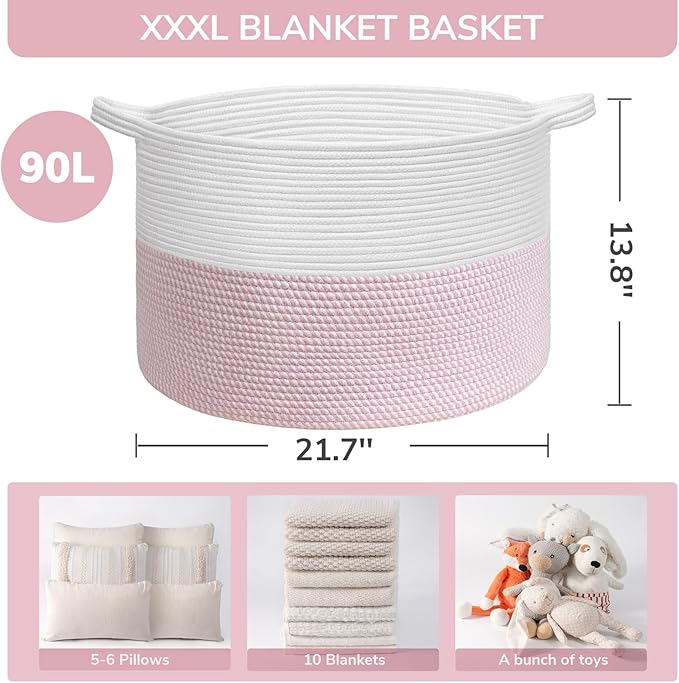 INDRESSME XXXLarge Woven Rope Blanket Basket Living Room Pink, 90L - Image 3
