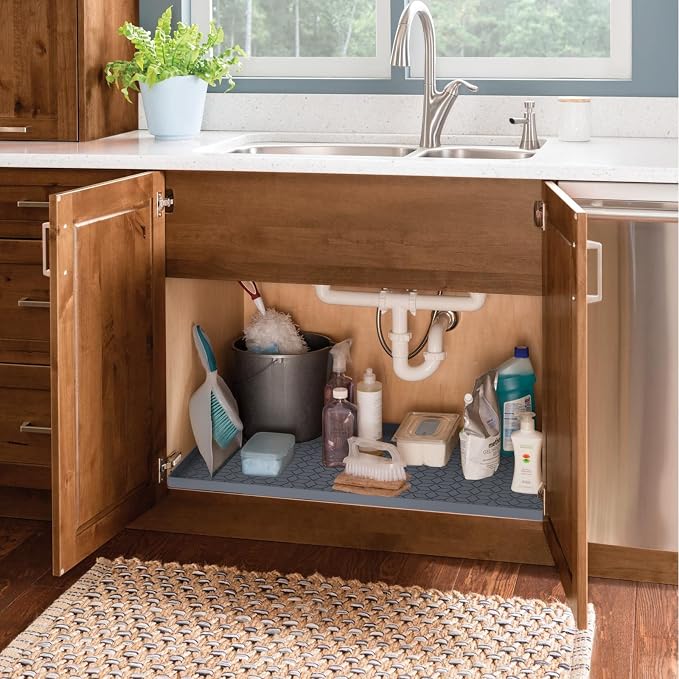 Under Sink Mat for Kitchen, Silicone Waterproof Liner, Flexible Organizer Tray with Drain Hole, 3.3 Gallons Capacity, Easy to Clean (Gray, 28x19) - Image 4
