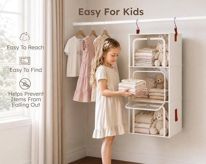 Homsorout 4-Tier Modular Hanging Closet Organizer Shelves, Beige | 40.9" Height, 2+2 Modular Design, Vertical Closet Storage, Clear Window, Easy Access, Walk-in Closet, Bedroom, Dorm, RV - Image 7