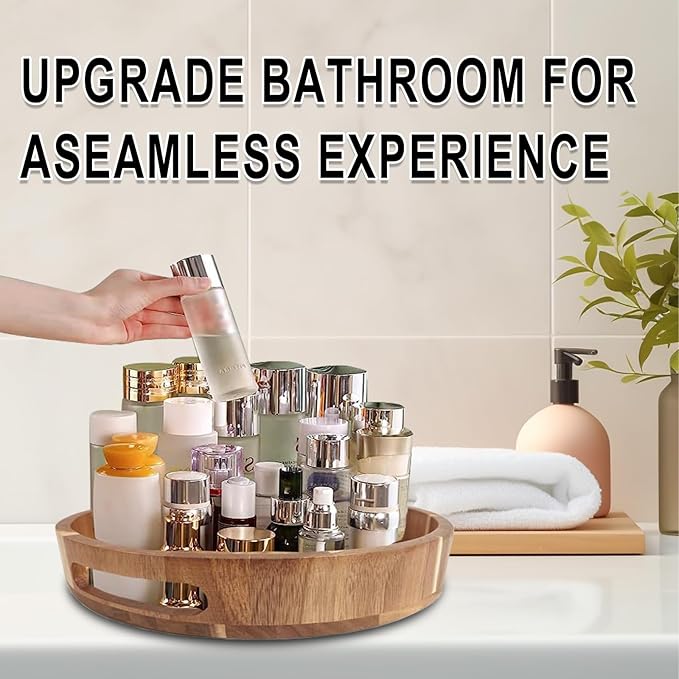 Acacia Wooden Lazy Susan for Table Top-12 Inch Wooden Lazy Susan Turntable with Double Handle-Large Acacia Wooden-Spice Organizer for Countertop, Table, Cabinet - Image 4