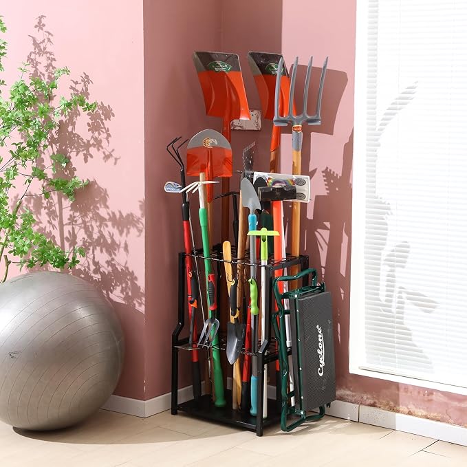 YueTong Garden Tool Organizer Heavy Duty,Yard Tool Tower Rack,Garage Storage Organization for Long Handle Tools,Rake,Brooms,Extra Hooks for Small Shovel,Shear.All Metal,Free Standing. - Image 2