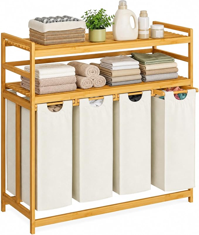 Bamboo 200L Laundry Hamper with 2 Tiers Shelf, Laundry Room Organization by Toolola