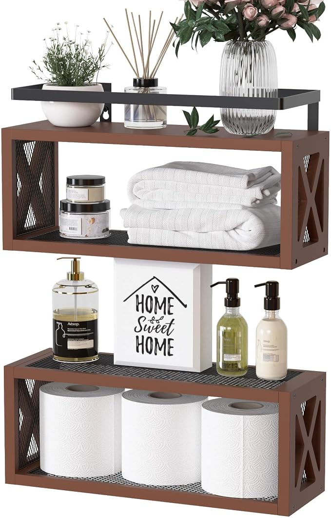 RICHER HOUSE Floating Wood Shelves with Guardrail, Rustic Brown, Wall Mounted, 2 Shelves, Farmhouse Style by RicherHouse