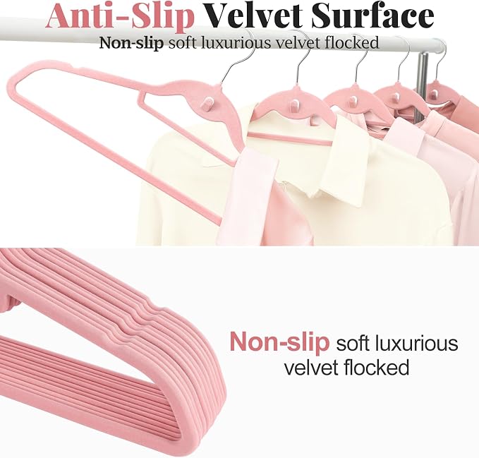 Velvet Felt Stackable Hangers 50 Pack, Thin & Space Saving, Pink | Non Slip, 15Lbs Capacity Heavy Duty With 360° Swivel Hook, Shoulder Notches, No Shoulder Bump, for Coat Suit Shirt Dress - Image 5