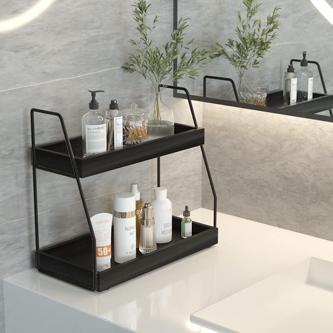 ZGO 2-Tier Modern Bathroom Counter Organizer, Wooden Sink Organizer Shelf for Vanity Storage, Makeup Bedroom Corner (Black Frame, 2 Shelves) - Image 2