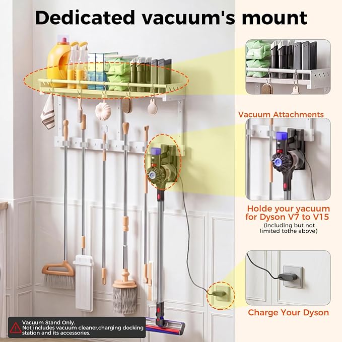 Broom Holder Wall Mount with Shelf,Broom Hanger,3 in 1 Broom and Mop Organizer Wall Hanging for Laundry,Garage,Utility,Broom Rack,Vacuum Stand Alternative,Cleaning Supplies Organizer Storage,White,L - Image 3