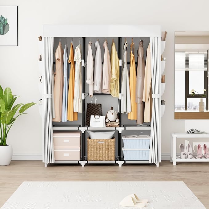 Portable Closet with Cover, 3 Hanging Rods and Side Pocket, Sturdy Free Standing Closet, White - Image 2