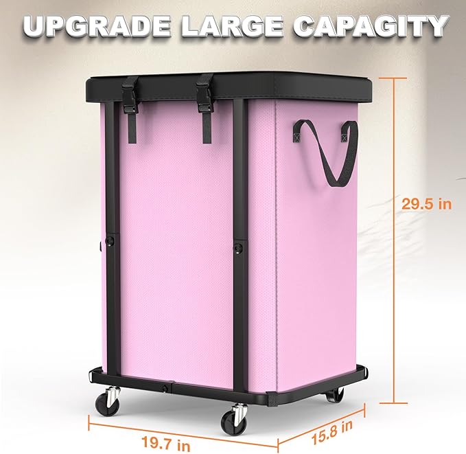 Laundry Basket with Wheels,150L (40 Gal) Rolling Hamper Carts - Pink - Image 6