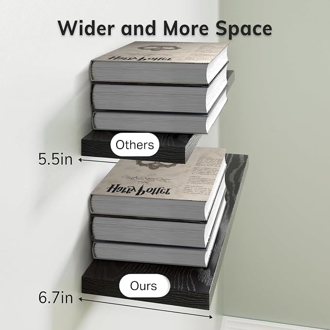 BAYKA Floating Shelves for Wall, Wall Mounted Rustic Wood Shelves for Bathroom, Bedroom, Living Room, Kitchen, Hanging Shelf for Books/Storage/Room Decor with 22lbs Capacity (Black, Set of 3, 15.7in) - Image 3