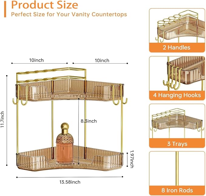 2-Tier Corner Bathroom Counter Organizer，Makeup & Skincare Shelf with Built-in Brush Holder，Space-Saving Bathroom Countertop Organizer for Skincare, Perfume, Cosmetics(Amber) - Image 3