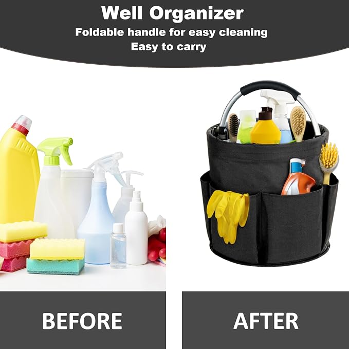 17L Cleaning Caddy with Handle, Cleaning Supplies Organizer, Foldable Storage Basket, Cleaning Supply Caddy, Portable Multi Cleaning Bucket Bag for Home, Garden (Black) - Image 3