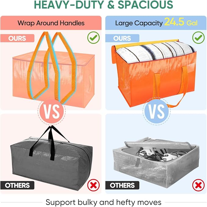 BALEINE 6-Pack Oversized Moving Bags with Reinforced Handles, Heavy-Duty Storage Tote for Clothes, Moving Supplies (Orange, 6-Pack) - Image 3