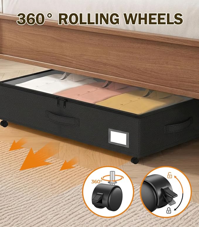 Under Bed Storage with Wheels 2-Pack, Under Bed Storage Containers, Underbed Box with Clear Lids, Rolling Underbed Storage bins for Shoes, Clothes, Blankets (25" L x 16.2" W x 5.5" H) - Image 4